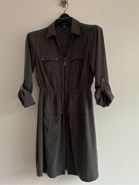 ALFANI Women's Zip Up Shirt Dress Military Safari Olive Green Roll Tab Sleeve 4